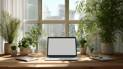 Working from home modern workspace with plants and laptop urban view