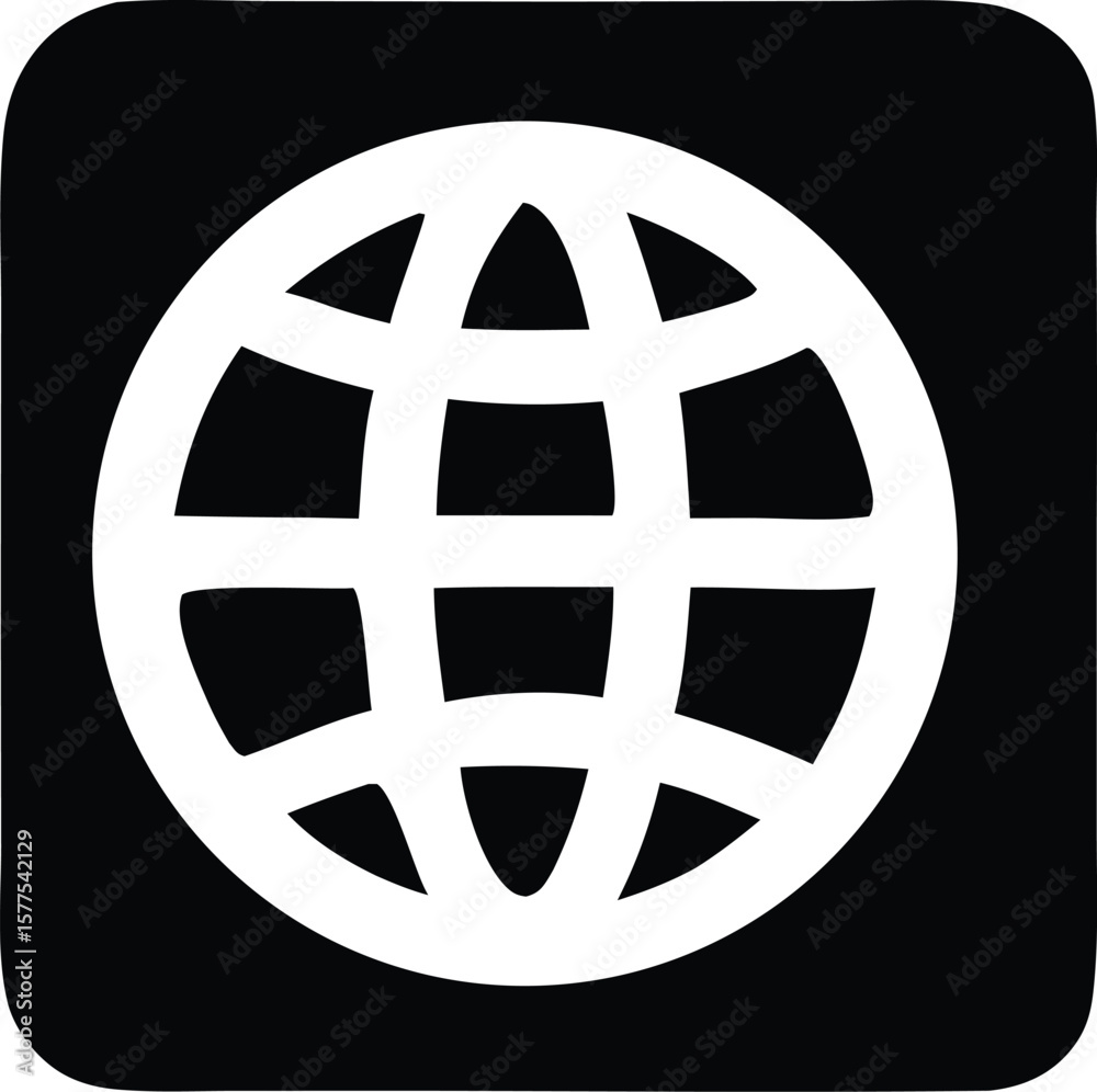 Poster a stark white globe icon with a grid pattern is centered on a solid black background with rounded co