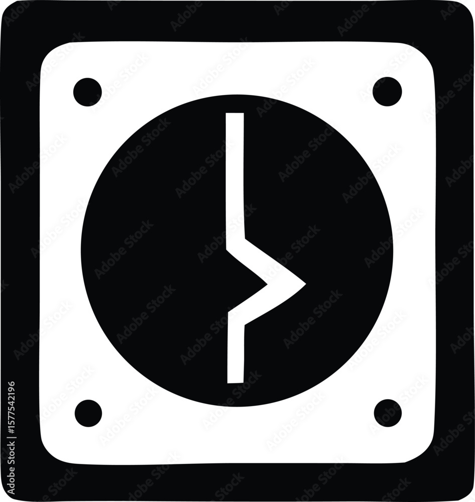 Poster a stylized black and white icon featuring a circular element with a vertical line and an angled segm