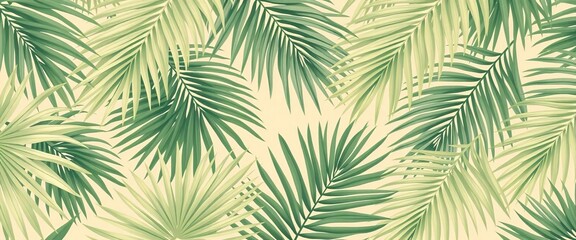 Stylized tropical palm frond wallpaper pattern in muted greens and beige,   organic,   leaves