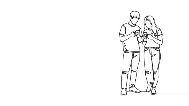 animated continuous single line drawing of two teenagers standing together using their smartphones, line art animation