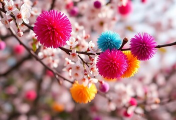 Vibrant pom-poms adorn a blossoming branch, creating a festive, whimsical scene, design, branch