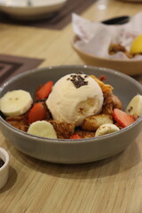 ice cream with chocolate and fresh milk, strawberry, banana