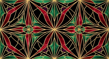 Art deco rug design, stained glass carpet, seamless geometric mosaic pattern, gold beveled outlines, ruby emerald amethyst jewel tones, luxury black backdrop floor textile