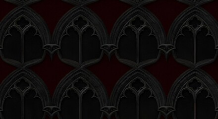 Naklejka premium Gothic rug pattern, velvet arch motif carpet, cathedral-inspired textile, burgundy coal pewter hues, seamless dark luxury design, stained glass window rug look