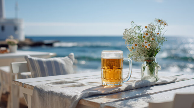 Cold beer mug on a bright seaside caf&eacute; terrace in Mallorca with lighthouse view, fresh flowers, and soft summer sunlight