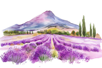 Naklejka premium Watercolor Lavender Field Landscape with Mountain and Trees PNG