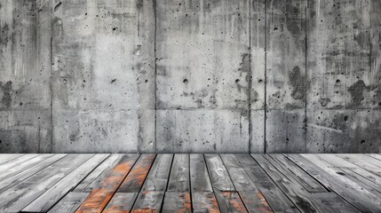 gray concrete warehouse wall wooden plank floor hints of orange 