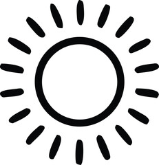 A simple bold black outline drawing of a sun with radiating rays on a white background perfect for various design applications