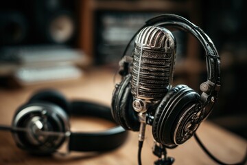 Vintage microphone and headphones on a wooden desk