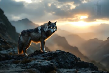 Fototapeta premium Majestic Wolf Standing on Mountain Peak at Sunset in Wilderness Landscape