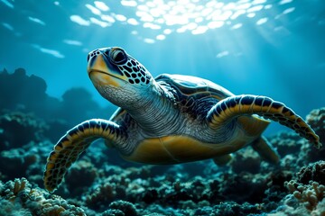 Fototapeta premium Vibrant green sea turtle gracefully swimming in clear blue ocean water