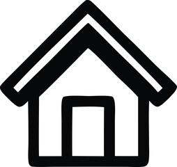 Simple black and white outline drawing of a house with a pitched roof and a rectangular doorway