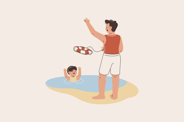 Man Beach Lifeguard Throw Lifebuoy Illustration