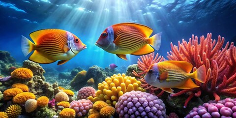 Fototapeta premium Vibrant Reef Fish Gracefully Swimming Amongst Colorful Coral and Sunlit Ocean Waters