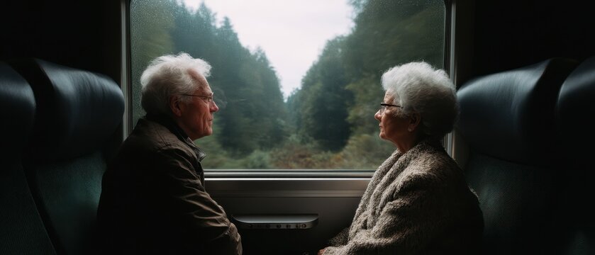 Elderly caucasian couple traveling by train through scenic forest landscape