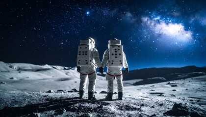 Two astronauts on the moon, gazing at a starry night.  Cosmic view