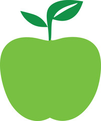 A vibrant green apple with two fresh leaves sprouting from its stem presented against a clean white background