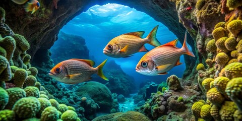 Fototapeta premium Oceanic Vista Three vibrant fish swim through a sunlit coral reef cave, their scales gleaming amidst the colorful marine flora and fauna.