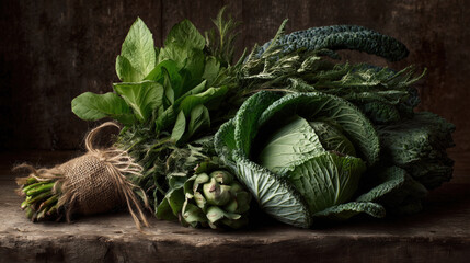 Fresh green vegetables bundle on rustic table culinary inspiration
