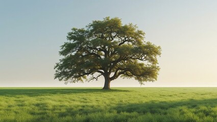 Obraz premium Solitary Oak in a Verdant Field: A majestic oak tree stands alone in a vast, tranquil field under a serene sky, embodying strength, resilience, and the beauty of nature. 
