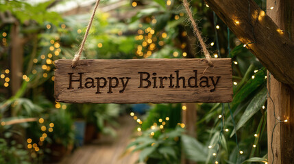 Celebrating a birthday party in a lush garden wooden sign nature