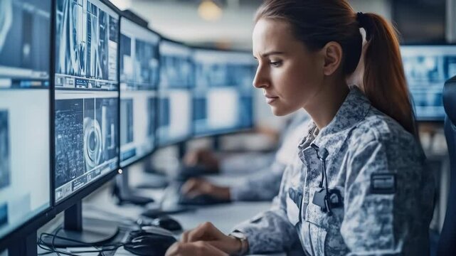 Woman in military uniform working at a monitor wall