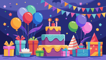 Festive birthday party scene with cake balloons and gifts under colorful bunting