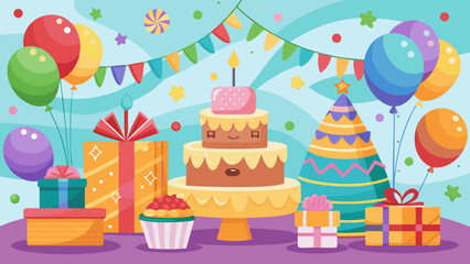 Happy birthday celebration with cake balloons gifts and party decorations