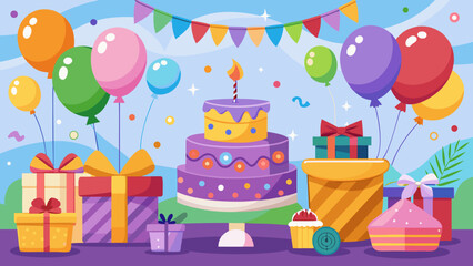 Festive birthday celebration with a tiered cake colorful balloons and gift boxes