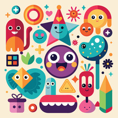 Set of colorful funny shape element vector. Collection of cartoon characters, cute doodle dawn, geometric, organic shape with fun eye.