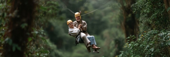 Mature caucasian couple enjoying outdoor zip line adventure in lush forest