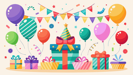 Colorful birthday party celebration with gifts balloons and bunting flags