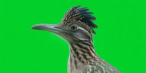 Roadrunner bird portrait with green background, detailed feathers