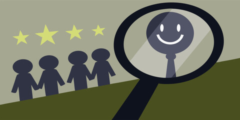 Magnifying glass over happy person with stars happy face