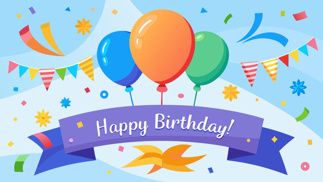 Happy birthday banner with balloons confetti and festive decorations