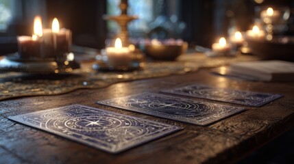 Tarot Cards and Candlelight on Mystic Table, Spiritual Divination Setup