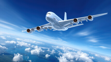 Large commercial airplane soaring over clouds with bright blue sky and ocean visible below, viewed from a low angle
