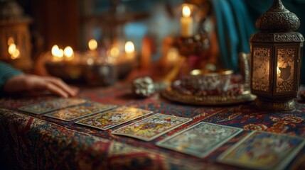 Tarot Reading with Candles and Mystic Decor, Esoteric Ritual Scene