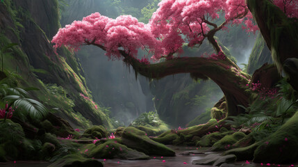Fantasy forest scene with vibrant pink trees arching over a mossy path and glowing light filtering through the mist