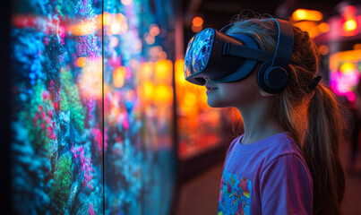 Young girl wearing virtual reality headset experiencing immersive underwater simulation with vibrant coral reef and fish in dark environment