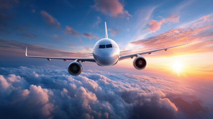 Front view of a commercial airplane soaring above fluffy clouds with a colorful sunrise sky in the background