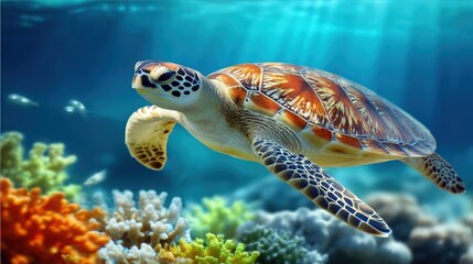 A sea turtle glides gracefully above vibrant coral and fish in clear ocean water with sunlight streaming through