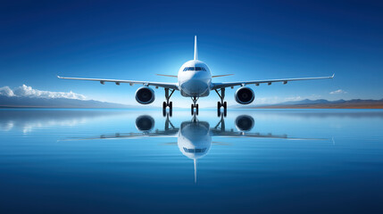 Front view of a white airplane with clear reflection on still blue water, set against distant mountains and deep blue sky