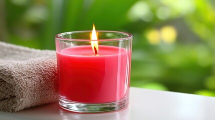 Close-up of a burning red candle in a glass container next to a folded towel with soft green background