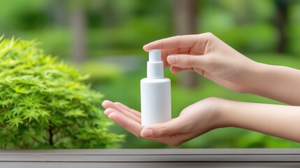 Close-up of hands using a blank white spray bottle with green plants and blurred nature background