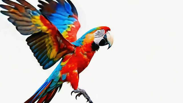 Vibrant macaw parrot in mid-flight against a soft white background, showcasing its colorful feathers