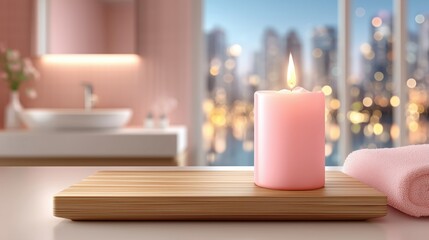 Lit pink candle on a wooden tray beside a towel in a modern bathroom with soft lighting and city background