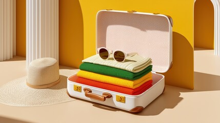 Open suitcase with folded green, yellow, orange clothes and sunglasses, beside a straw hat in bright architectural background
