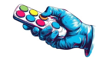 Playful and Modern Cartoon Illustration of an Elegant Hand Holding a Bright Remote Control with Colorful Buttons for Futuristic Technology and Creative Entertainment Energy